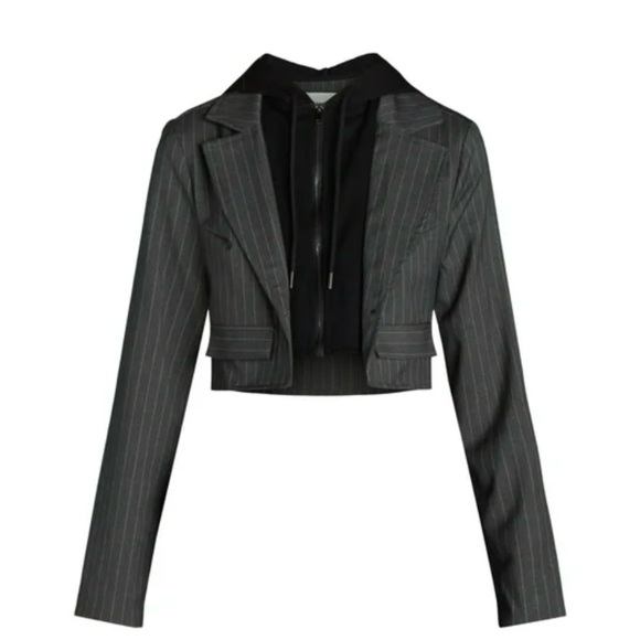 Madden NYC Hoodie stylish cropped Juniors Blazer. Size Medium. Gray and Black in - Picture 2 of 5